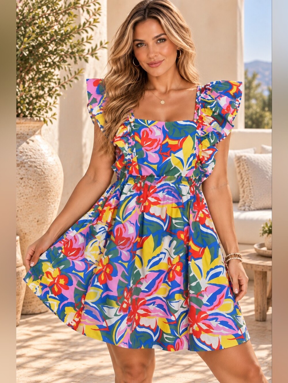 Free Assembly Multi-Color Tropical Floral Flutter Sleeve Mini Dress Size XS 0-2